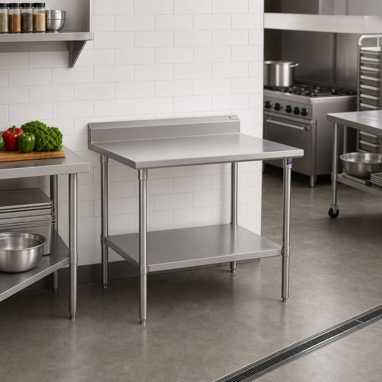 Product image #2 for John Boos Stallion 30" x 30" 16-Gauge 300 Series Stainless Steel Corner Work Table with 5" Backsplash and Undershelf