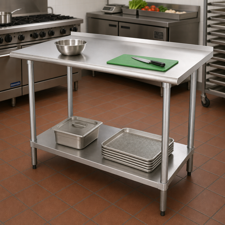 Product image #2 for Advance Tabco 30 x 24 Inch 16 Gauge 430 Stainless Steel Work Table with 1-1/2 Inch Rear Up-Turn and Adjustable Undershelf