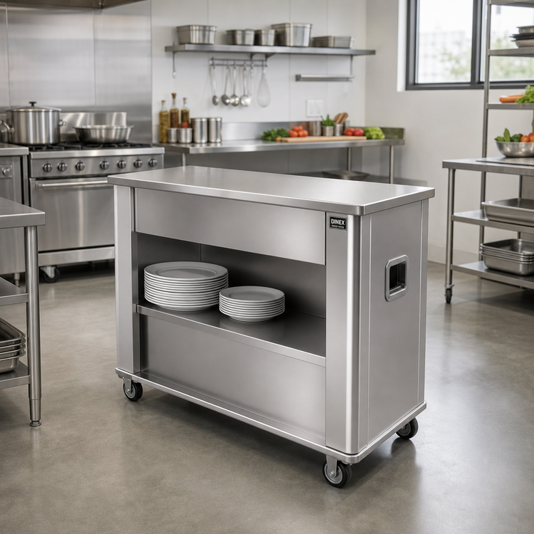 Product image #2 for Dinex DineXpress Slim-Line Stainless Steel Mobile Solid Top Utility Station Serving Counter, 50" x 19" x 36"