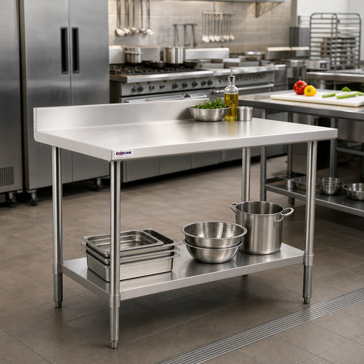 Product image #2 for Omcan USA 30 x 30 Inch 20-Gauge 430 Stainless Steel Corner Work Table with 4-Inch Backsplash and Undershelf
