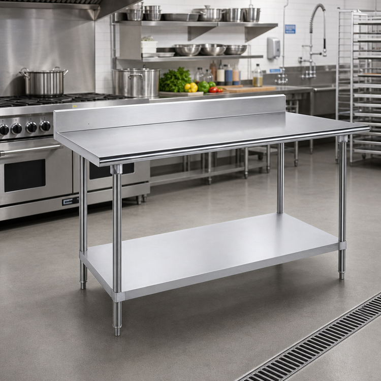 Product image #2 for Advance Tabco 84" x 36" 16-Gauge 430 Stainless Steel Work Table with 5" Backsplash and Adjustable Undershelf
