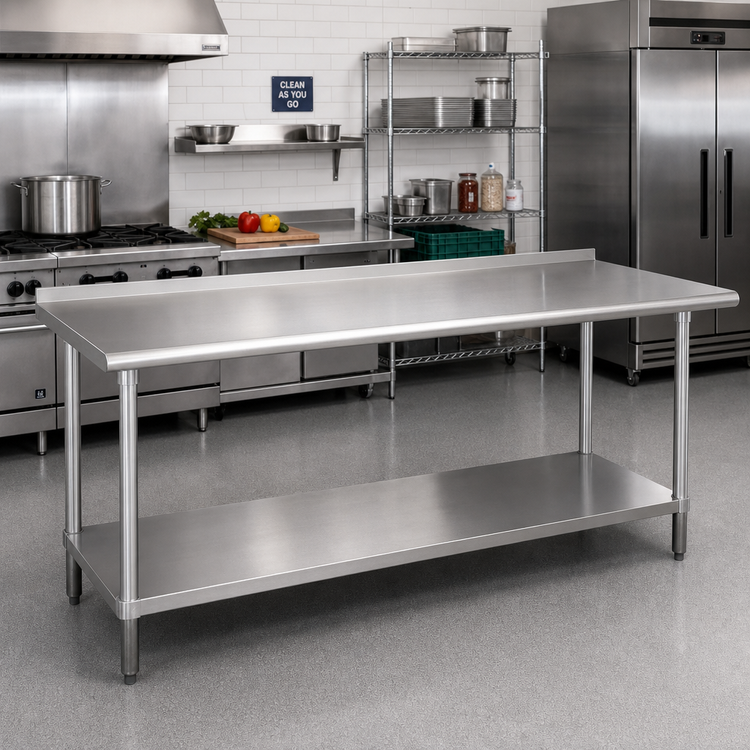 Product image #2 for Advance Tabco 108 x 36-Inch Stainless Steel Work Table with 14-Gauge Top, Rear Up-Turn, and Undershelf