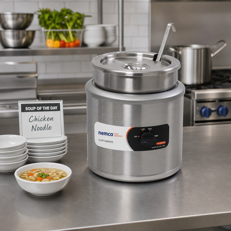 Product image #2 for Nemco Countertop Round Cooker/Warmer, 7 Quart, Stainless Steel, with Inset, Cover & Ladle