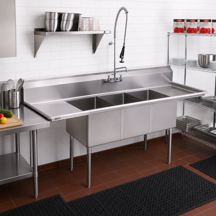 Product image #2 for John Boos E-Series 3-Compartment Stainless Steel Sink with Dual Drainboards, 84-Inch Wide