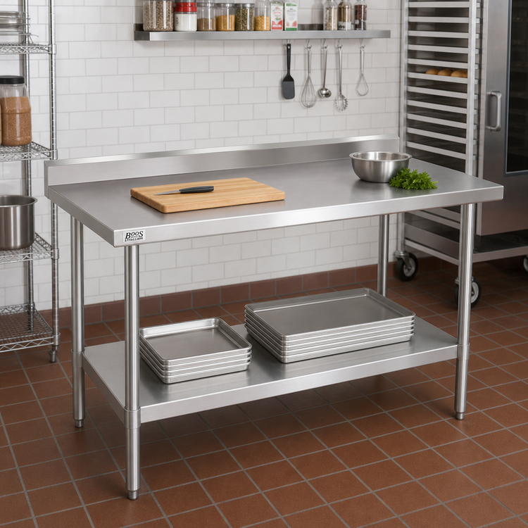 Product image #2 for John Boos Stallion Economy 72" x 30" Stainless Steel Work Table with 5" Backsplash and Undershelf