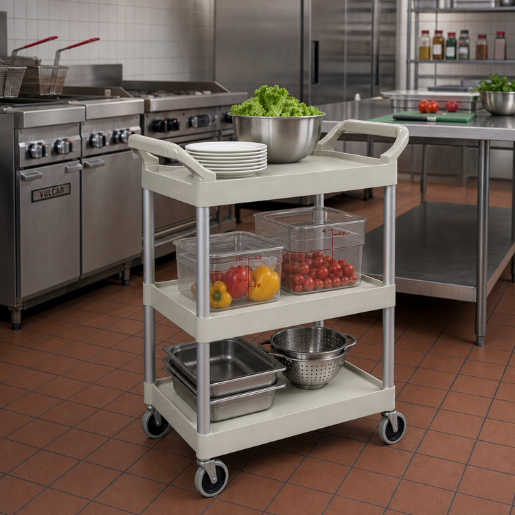 Product image #2 for Rubbermaid Commercial Products 3-Shelf Plastic Utility Bus Cart, Off White, 200 lb. Capacity