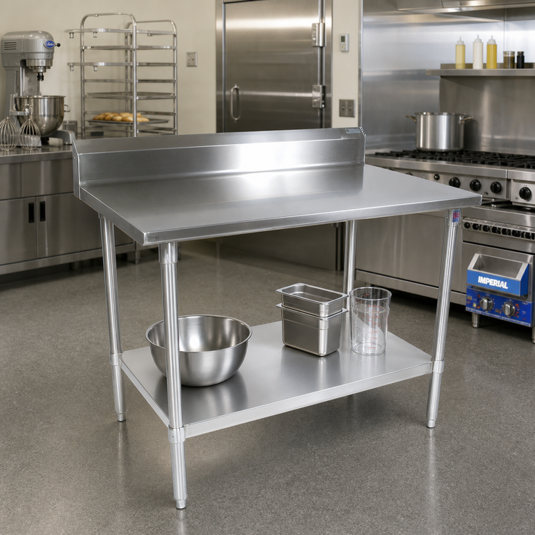 Product image #2 for John Boos Stallion 48" x 30" 14-Gauge 300 Series Stainless Steel Commercial Work Table with 5" Backsplash and Adjustable Undershelf
