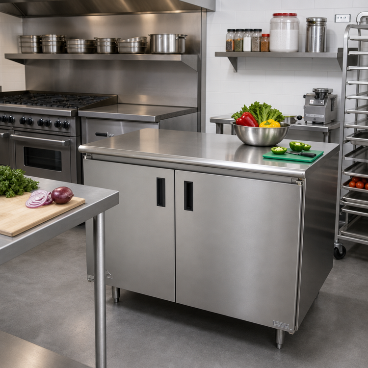 Product image #2 for Advance Tabco 48-Inch x 30-Inch Enclosed Work Table with Cabinet Base, 14 Gauge 304 Stainless Steel Top