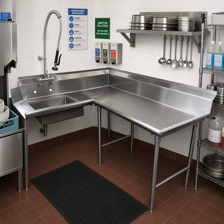 Product image #2 for Advance Tabco Korner Soil Right-Hand L-Shaped Dishtable with Pre-Rinse Sink, 47 Inch, 14 Gauge 304 Stainless Steel