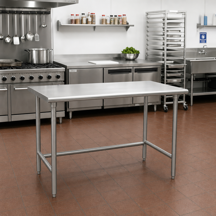 Product image #2 for Advance Tabco 48-Inch W x 30-Inch D Stainless Steel Work Table, Flat Top Open Base, 16 Gauge 430 Top