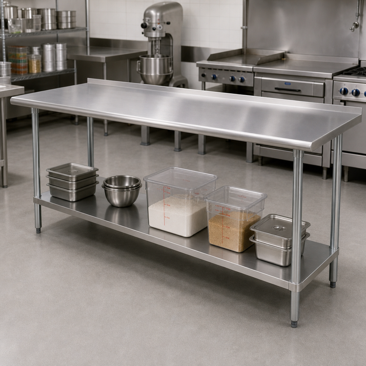 Product image #2 for Advance Tabco FSS-3010 120" x 30" 304 Stainless Steel Commercial Work Table with 1-1/2" Rear Upturn and Adjustable Undershelf
