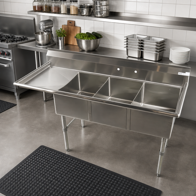 Product image #2 for Economy Three-Compartment Stainless Steel Sink with Left-Hand Drainboard, 74-1/2 Inch W x 25-1/2 Inch D x 41 Inch H