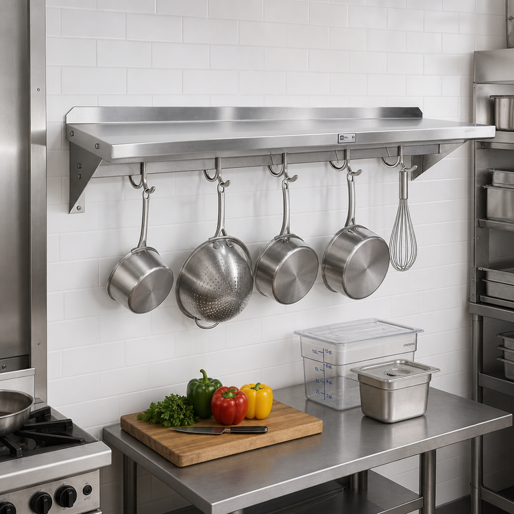Product image #2 for John Boos Stallion 84-Inch Wall-Mounted Stainless Steel Pot Rack Shelf with 7 Hooks