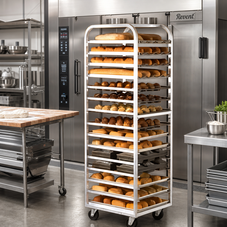 Product image #2 for Adamatic/Revent A-Style Roll-In Oven Rack with Stainless Steel Lift Bracket, 10-Pan Capacity