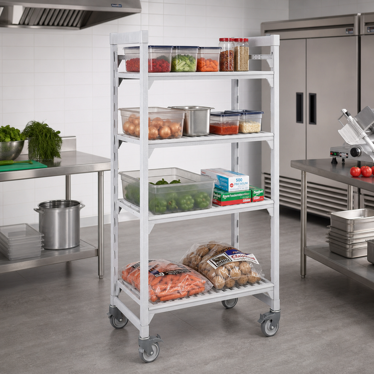 Product image #3 for Cambro Camshelving Premium High Density Mobile Starter Unit, 21" x 42" x 75-1/4", 4-Shelf Vented, Speckled Gray