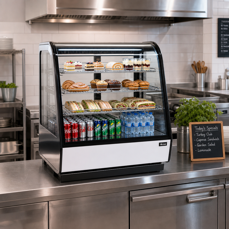 Product image #2 for Countertop Curved Glass Refrigerated Display Case, 35 Inch, 6.56 Cu. Ft., 3 Shelves