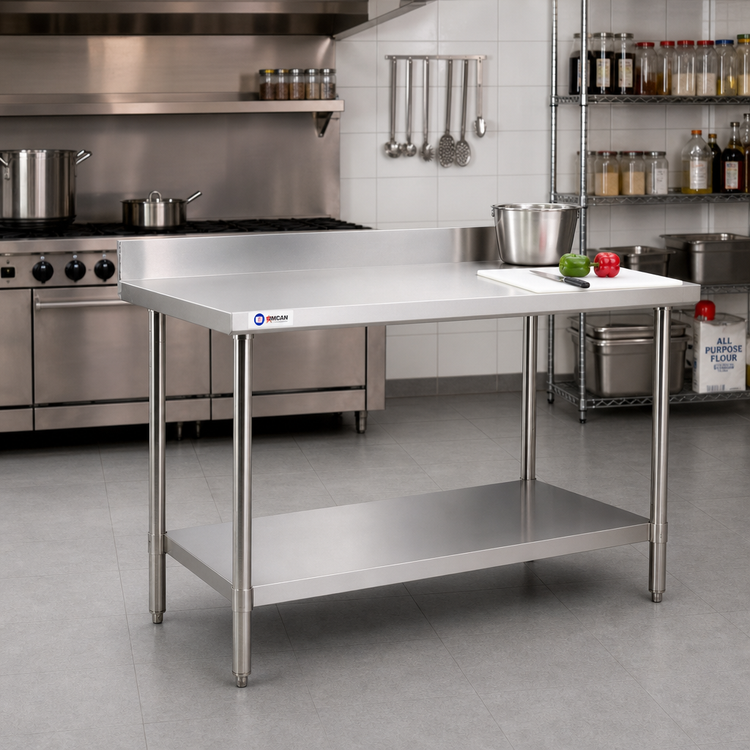 Product image #2 for Omcan 48 x 24 Inch 20-Gauge Stainless Steel Work Table with 4 Inch Backsplash and Undershelf