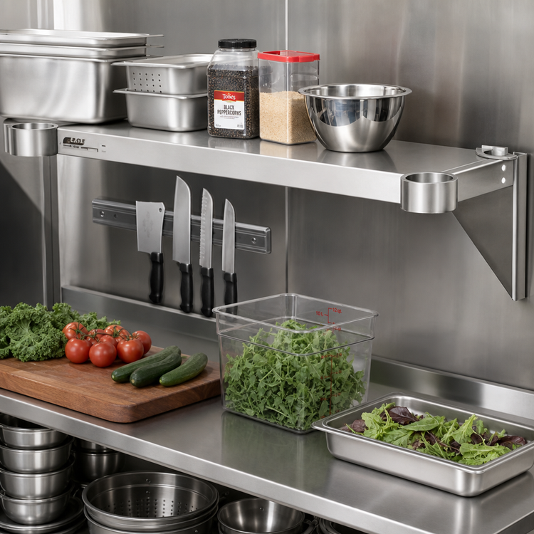 Product image #3 for Eagle Group Quik-Set 48 x 18 Inch Flat Solid Stainless Steel Shelf, Marine Edge, 1,000 lb Capacity