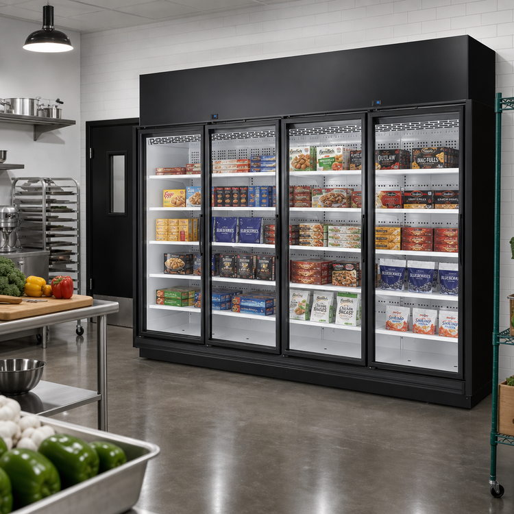 Product image #2 for True 4-Section Low Temp Self-Contained Glass Door Freezer Merchandiser, Black Exterior/White Interior, Left-Hinge, 154.4 Cu. Ft.