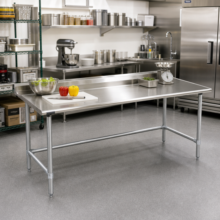 Product image #2 for Eagle Spec-Master 144" x 24" 14 Gauge 300 Series Stainless Steel Work Table with 1-1/2" Rear Upturn and Galvanized Tubular Base