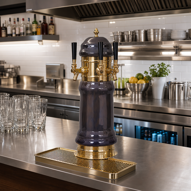 Product image #2 for Glastender Rembrandt 3-Faucet Air-Cooled Countertop Draft Dispensing Tower with Surface-Mount Drain Pan, Polished Brass Finish