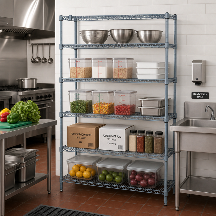 Product image #2 for Quantum 48"W x 12"D x 86"H Stationary Wire Shelving Starter Kit, 5 Shelves, Gray Epoxy Antimicrobial Finish
