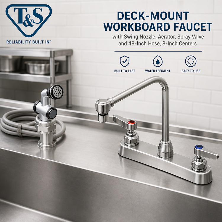 Product image #2 for T&S Brass Deck-Mount Workboard Faucet with Swing Nozzle, Aerator, Spray Valve and 48-Inch Hose, 8-Inch Centers