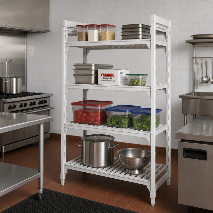 Product image #3 for Cambro Camshelving Premium 4-Shelf Vented Stationary Polymer Shelving Starter Unit, 18-Inch Deep x 48-Inch Long x 72-Inch High, Speckled Gray