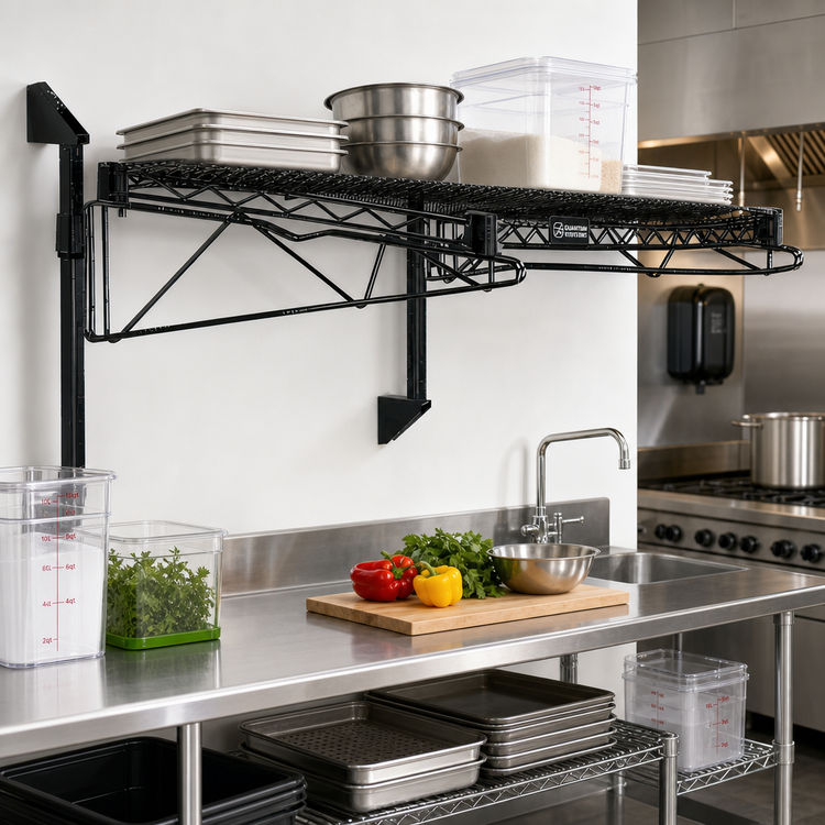 Product image #2 for Quantum Cantilever Single-Shelf Wall-Mount Wire Shelving Unit, 54"W x 14"D, Black Epoxy Finish
