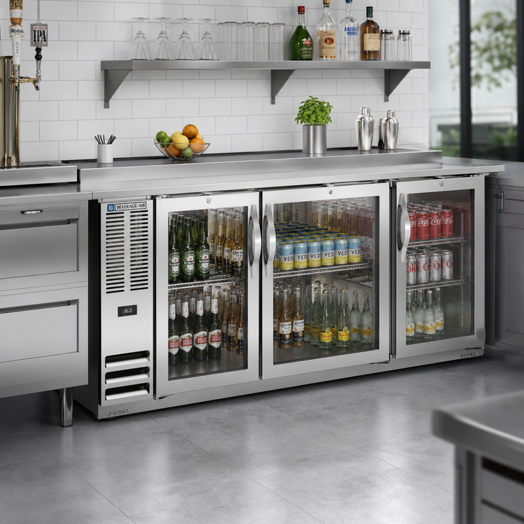 Product image #2 for Beverage-Air 48-Inch Refrigerated Pass-Thru Back Bar Refrigerator with 4 Glass Doors and Stainless Steel Top