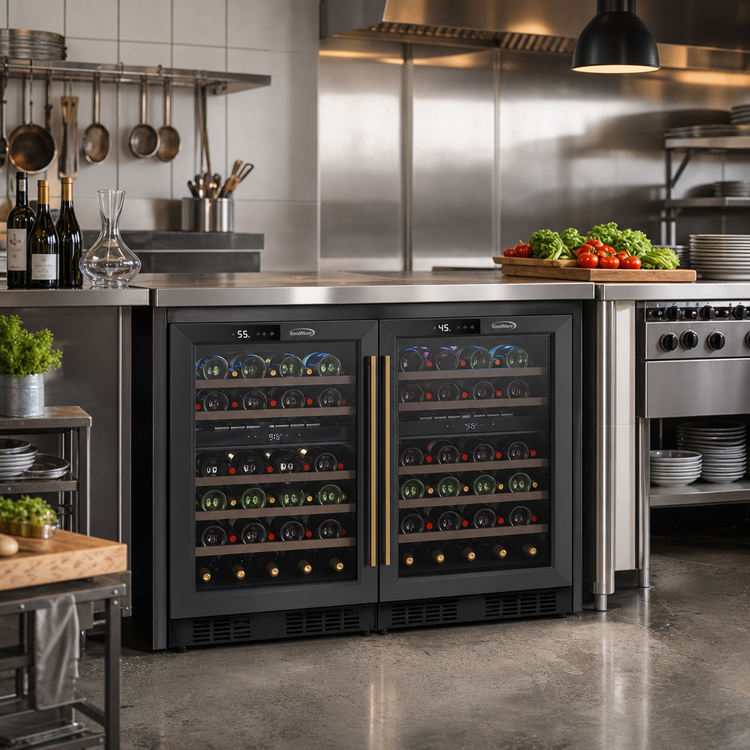 Product image #3 for KoolMore 2-Section Dual Zone Reach-In Wine Cooler with Glass Doors and Wooden Shelves