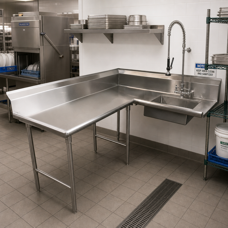Product image #2 for Advance Tabco Korner Standard Series L-Shaped Left-Hand Soil Dishtable with Pre-Rinse Sink, 71 Inch, 16-Gauge 304 Stainless Steel