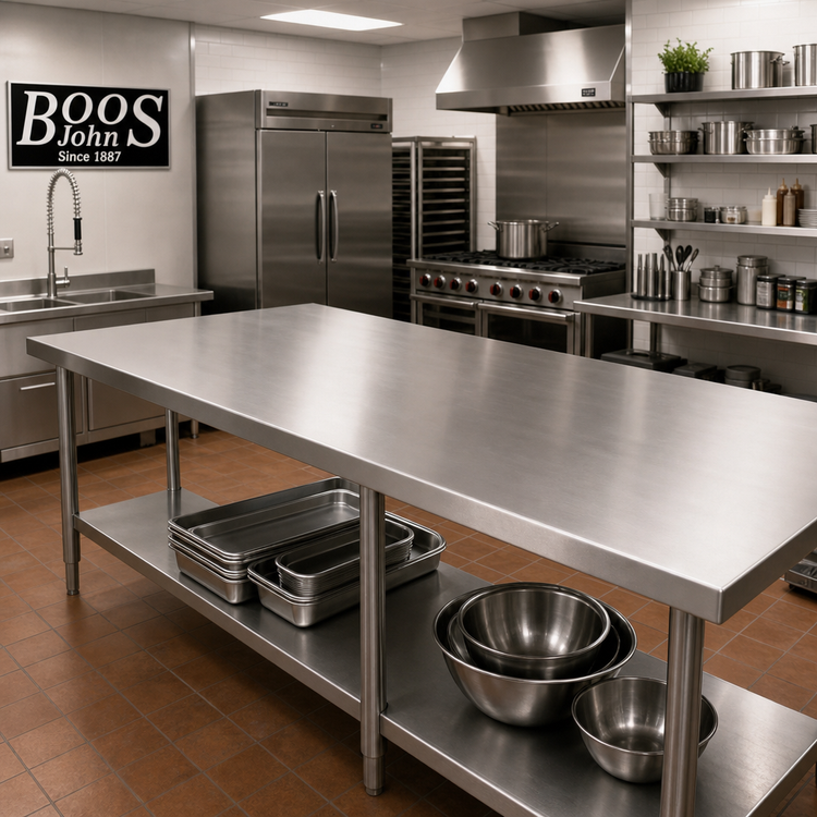 Product image #2 for John Boos Stainless Steel Countertop for Food Displays, 132" W x 48" D x 1-1/2" Thick, Flat No Backsplash