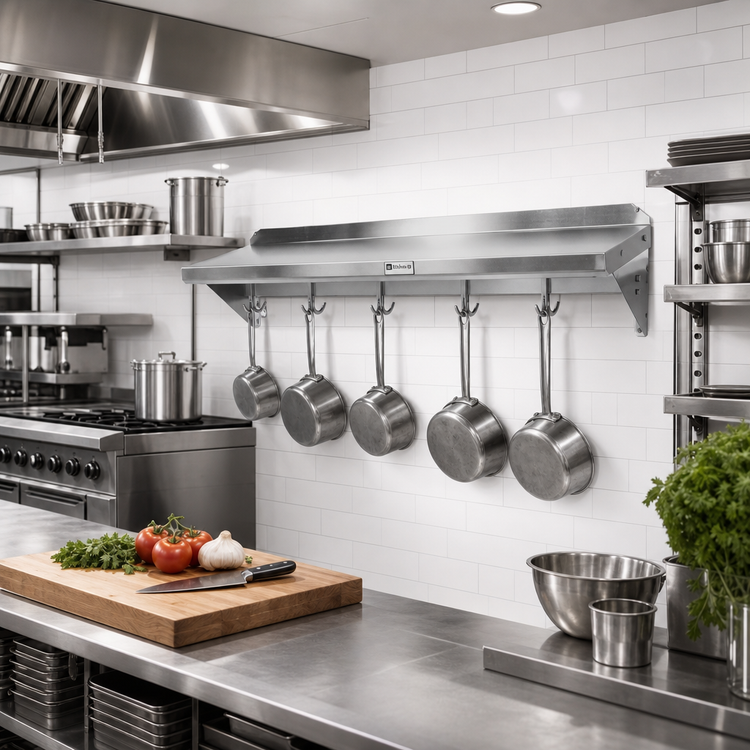 Product image #2 for John Boos Stallion 60-Inch Wall-Mount 14-Gauge Stainless Steel Pot Rack Shelf with 5 Hooks