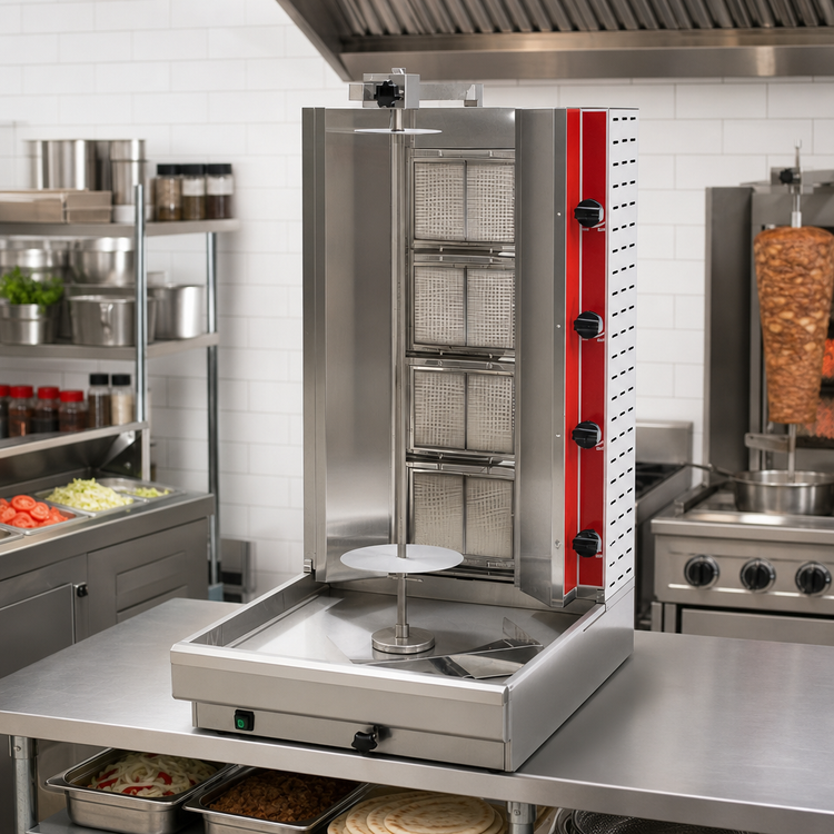 Product image #2 for Omcan 4-Burner Natural Gas Doner Kebab / Vertical Broiler / Shawarma Grill, 100 lb Capacity