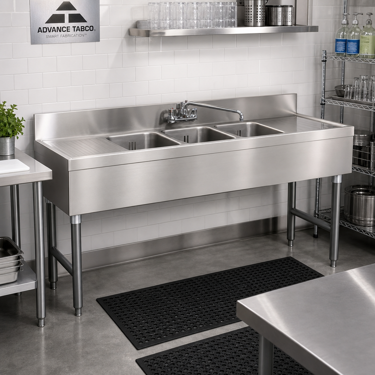 Product image #2 for Advance Tabco Special Value Series 72-Inch 3-Compartment Stainless Steel Bar Sink Unit with Dual Drainboards and Splash-Mount Faucet