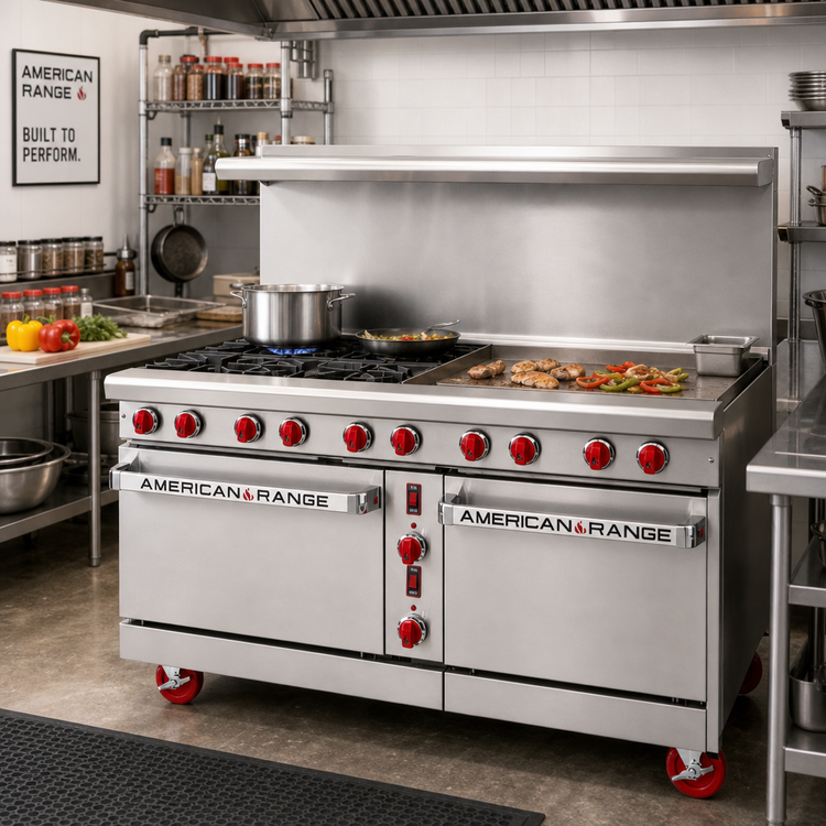Product image #2 for American Range 60-Inch Green Flame Gas Range with 36-Inch Griddle, 4 Open Burners, Standard Oven, and Space Saver Oven