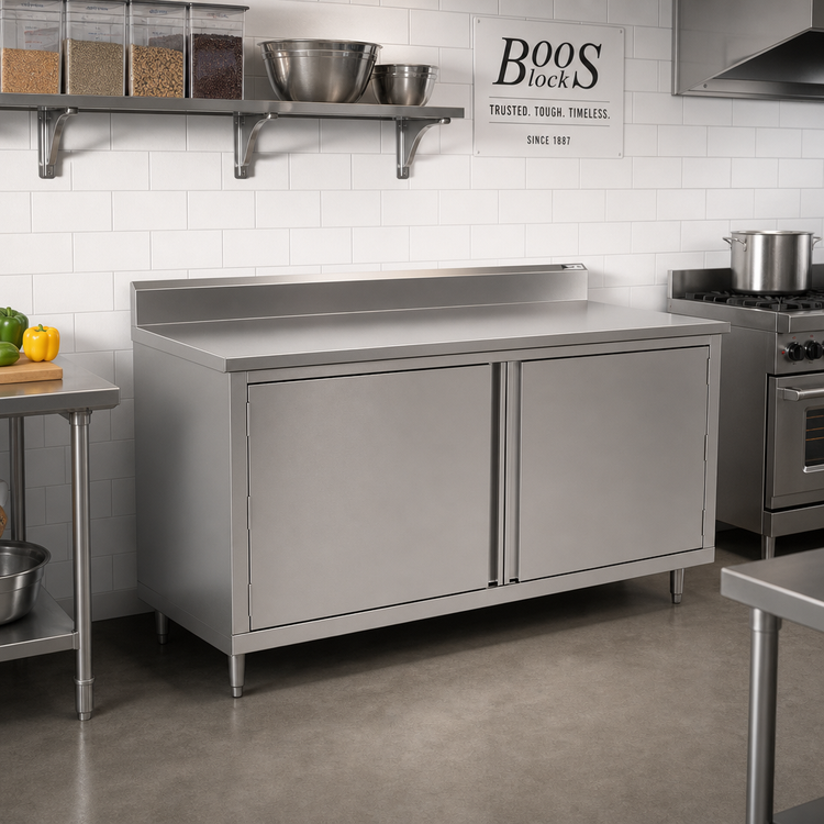 Product image #2 for John Boos Enclosed Cabinet Base Work Table with Hinged Doors, 84" x 24", 14-Gauge Stainless Steel Top, 5" Backsplash