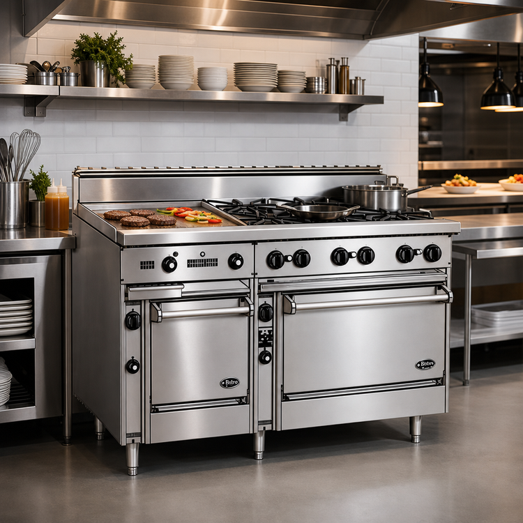 Product image #2 for Bistro 60-Inch Commercial Gas Range with 6 Open Burners, 24-Inch Griddle, Space Saver Oven, and Standard Oven