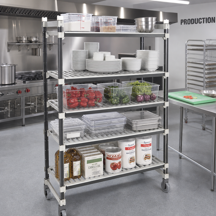 Product image #2 for Cambro Camshelving Elements XTRA High Density Top Rail 5-Tier Mobile Starter Unit, 18 x 60 x 80 Inches, Overhead Track Shelving