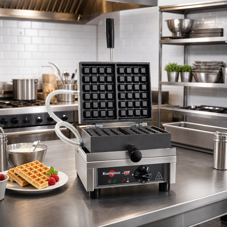 Product image #2 for Krampouz 4x6 Brussels Single Countertop Waffle Maker with Cast Iron Plates, Thermostatic Controls, and 90° Opening