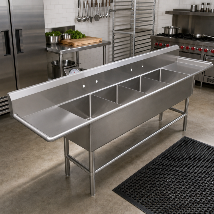 Product image #2 for John Boos Pro-Bowl 4-Compartment Stainless Steel Sink with Dual Drainboards, 24" x 24" Bowls