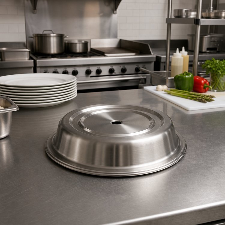 Product image #2 for American Metalcraft Round Stainless Steel Plate Cover with Finger Hole and Standard Foot, 10-3/8 to 10-5/8 Inch Dia.