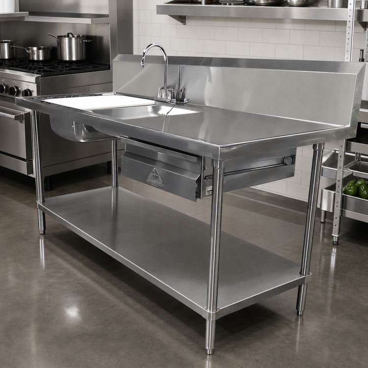 Product image #2 for Advance Tabco Poly-Vance 72-Inch x 30-Inch Stainless Steel Prep Table Sink Unit with Dual Bowls and Sliding Cutting Board