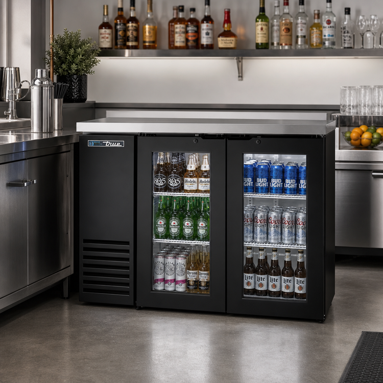 Product image #2 for True 48-Inch Two-Section Glass Swing Door Back Bar Cooler with Stainless Steel Top and Black Exterior