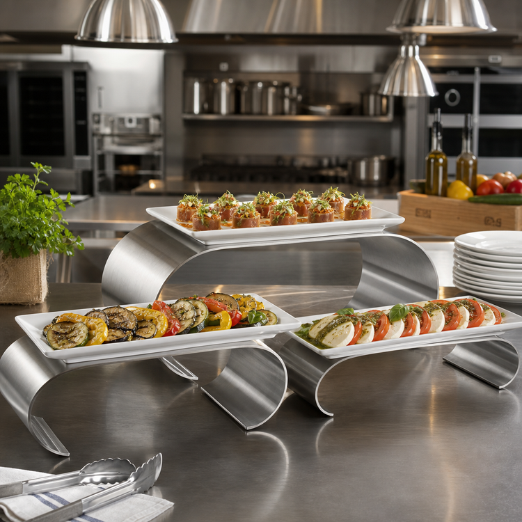 Product image #2 for 3-Piece Stainless Steel Buffet Riser Set with Curled Ends