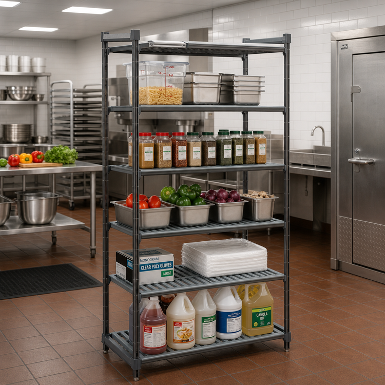 Product image #2 for Cambro Camshelving Basics Plus 18" x 48" x 84" 5-Shelf Stationary Starter Unit, Vented Polymer Shelving, Brushed Graphite