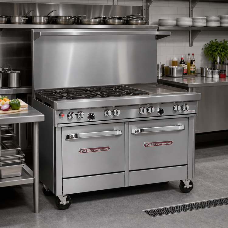 Product image #2 for Southbend Ultimate 48-Inch Gas Restaurant Range with 4 Star Burners, 24-Inch Thermostatic Griddle, Standard Oven and Cabinet Base