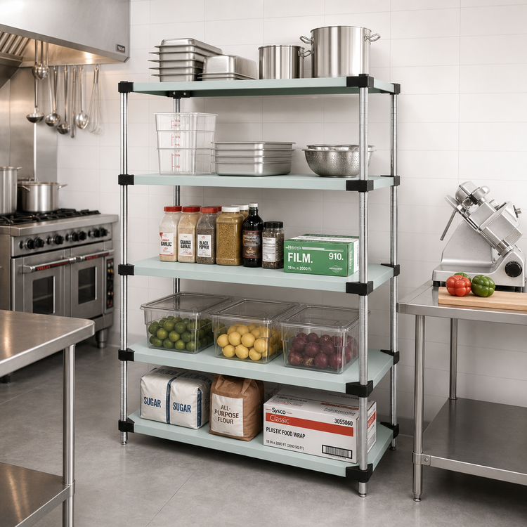 Product image #2 for Quantum Solid Shelving Starter Kit, 48"W x 21"D x 86"H, 5 Solid Shelves, 304 Stainless Steel