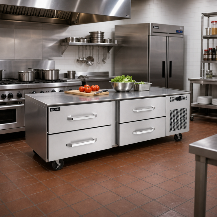 Product image #2 for Randell 72-Inch Refrigerated Chef Base Equipment Stand with Four 27-Inch Drawers, Left-Side Compressor